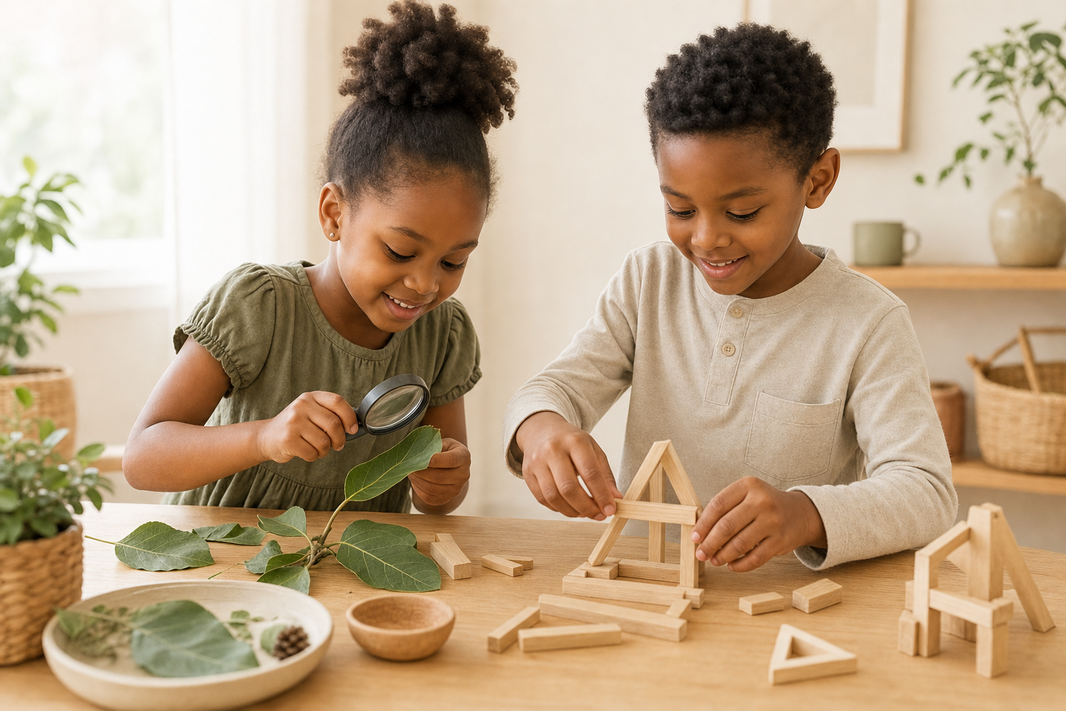 Two children learning naturally through leaves, a magnifying glass, and wooden building pieces