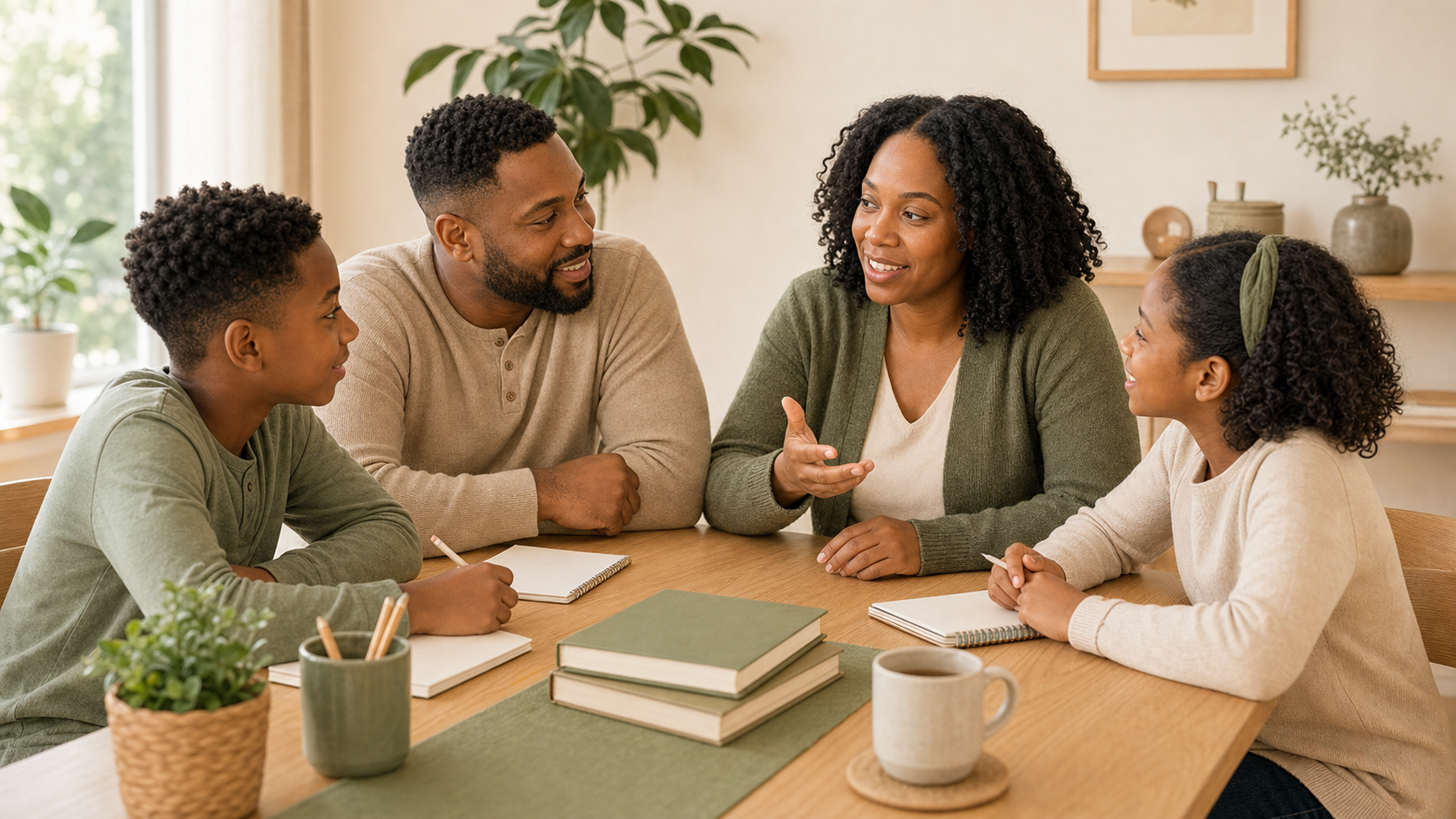A family having a warm conversation together around a table