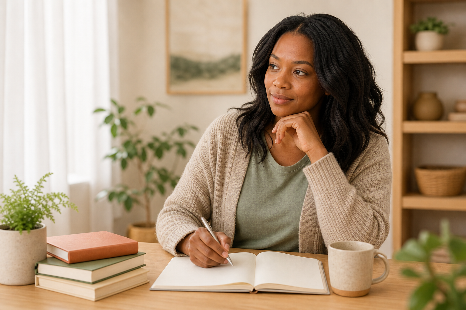 A mother thoughtfully planning her family's homeschool in a notebook