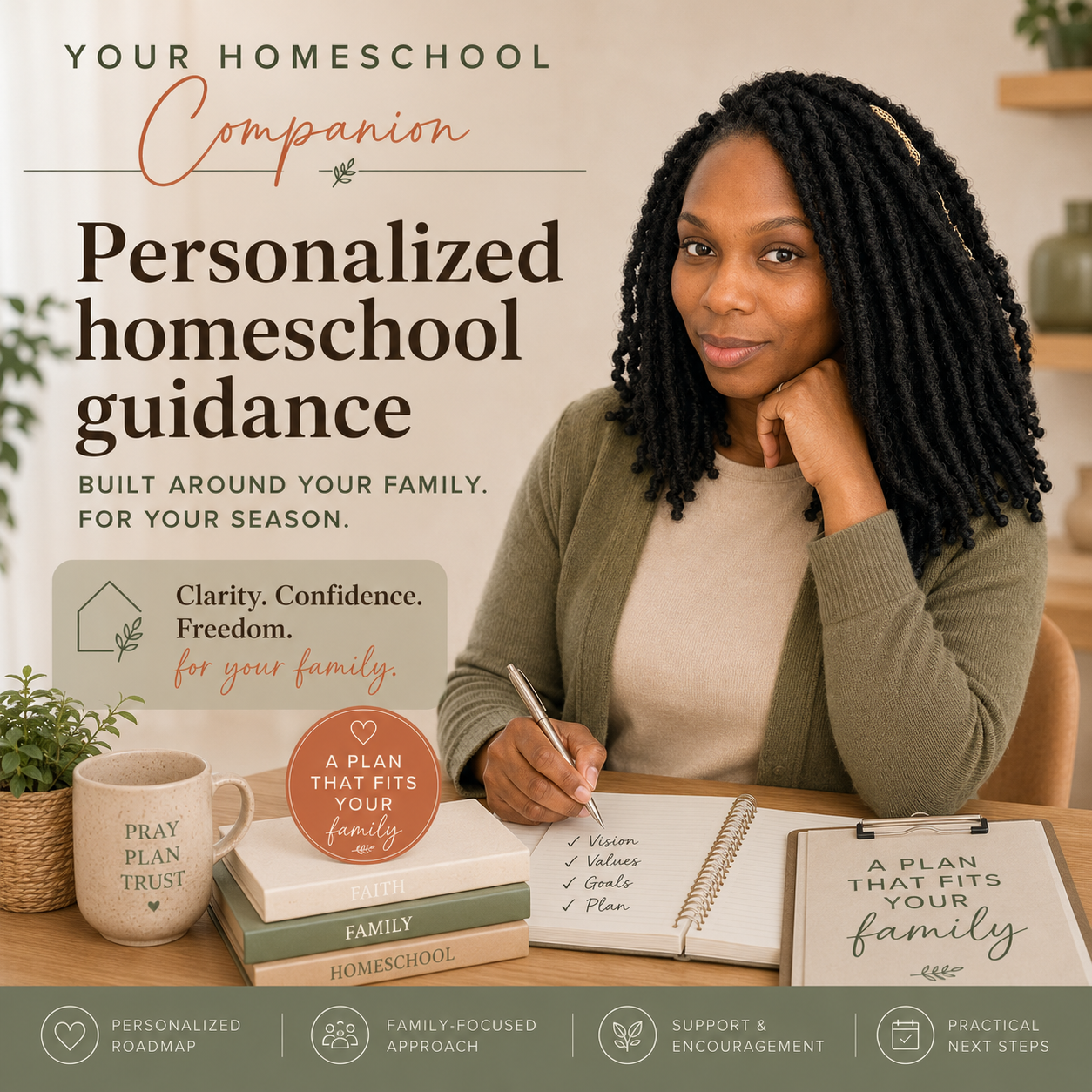 Personalized homeschool guidance built around your family and your season, featuring Elisabeth planning at a table