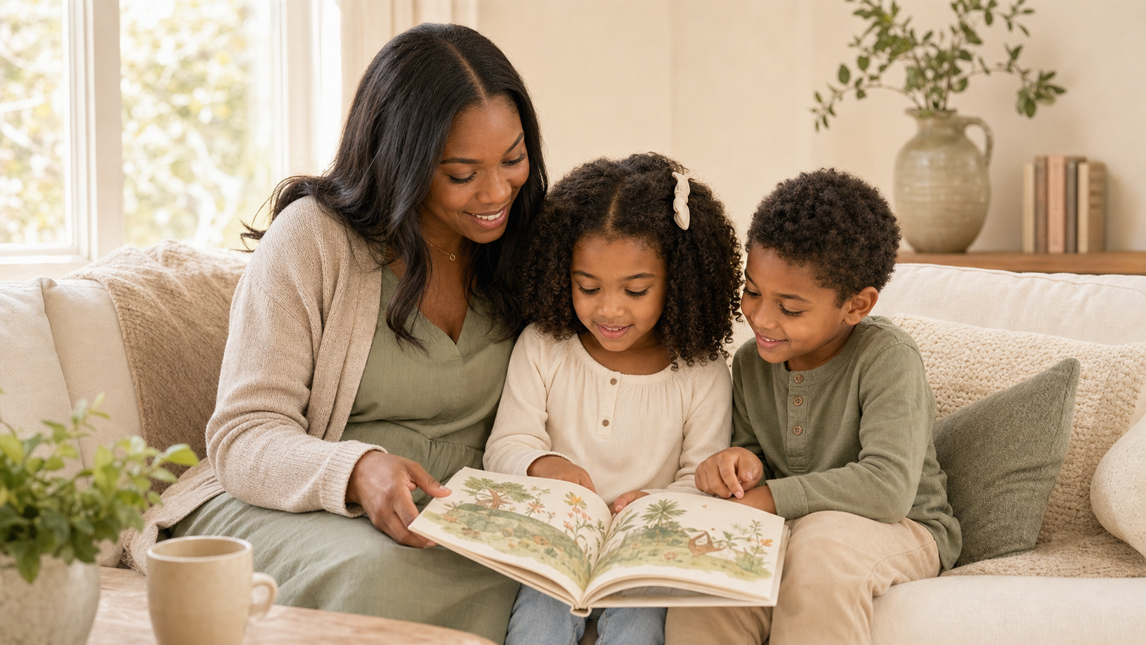 A mother and two children enjoying a book together at home
