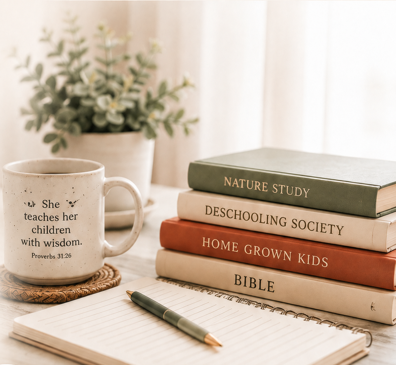 Homeschool still life with books, a mug, notebook, pen, and greenery