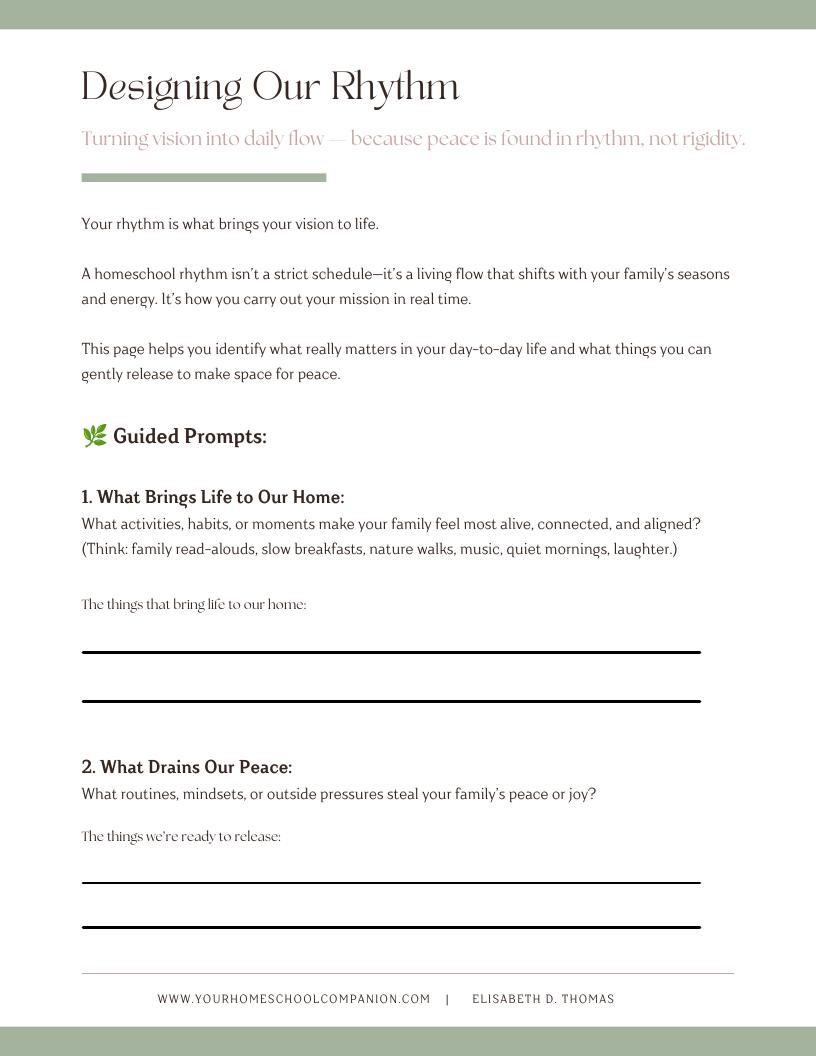 Designing Our Rhythm exercise from The Homeschool Family Vision Guide