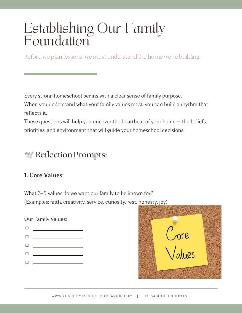 Family Foundation exercise from The Homeschool Family Vision Guide